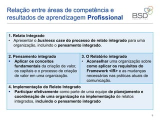 9
Relação entre áreas de competência e
resultados de aprendizagem Profissional
1. Relato Integrado
• Apresentar o business case do processo de relato integrado para uma
organização, incluindo o pensamento integrado.
2. Pensamento integrado
 Aplicar os conceitos
fundamentais da criação de valor,
os capitais e o processo de criação
de valor em uma organização.
3. O Relatório integrado
• Aconselhar uma organização sobre
como aplicar os requisitos do
Framework <IR> e as mudanças
necessárias nas práticas atuais de
comunicação.
4. Implementação do Relato Integrado
 Participar efetivamente como parte de uma equipe de planejamento e
coordenação de uma organização na implementação de relatos
integrados, incluindo o pensamento integrado
 