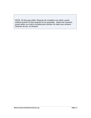 NOTA: 30 días para editar. Después de completar una matriz, puede
 editarla durante 30 días después de ser guardada. Hasta ese momento,
 puede editar una matriz completa para cambiar los datos que contiene.
 Después de eso, se bloquea.




Manual www.matrizdecomunicacion.org                                 Página 22
 
