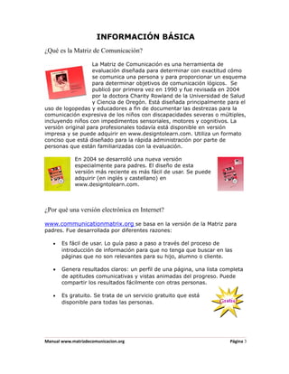 INFORMACIÓN BÁSICA
¿Qué es la Matriz de Comunicación?

                   La Matriz de Comunicación es una herramienta de
                   evaluación diseñada para determinar con exactitud cómo
                   se comunica una persona y para proporcionar un esquema
                   para determinar objetivos de comunicación lógicos. Se
                   publicó por primera vez en 1990 y fue revisada en 2004
                   por la doctora Charity Rowland de la Universidad de Salud
                   y Ciencia de Oregón. Está diseñada principalmente para el
uso de logopedas y educadores a fin de documentar las destrezas para la
comunicación expresiva de los niños con discapacidades severas o múltiples,
incluyendo niños con impedimentos sensoriales, motores y cognitivos. La
versión original para profesionales todavía está disponible en versión
impresa y se puede adquirir en www.designtolearn.com. Utiliza un formato
conciso que está diseñado para la rápida administración por parte de
personas que están familiarizadas con la evaluación.

             En 2004 se desarrolló una nueva versión
             especialmente para padres. El diseño de esta
             versión más reciente es más fácil de usar. Se puede
             adquirir (en inglés y castellano) en
             www.designtolearn.com.



¿Por qué una versión electrónica en Internet?

www.communicationmatrix.org se basa en la versión de la Matriz para
padres. Fue desarrollada por diferentes razones:

   •   Es fácil de usar. Lo guía paso a paso a través del proceso de
       introducción de información para que no tenga que buscar en las
       páginas que no son relevantes para su hijo, alumno o cliente.

   •   Genera resultados claros: un perfil de una página, una lista completa
       de aptitudes comunicativas y vistas animadas del progreso. Puede
       compartir los resultados fácilmente con otras personas.

   •   Es gratuito. Se trata de un servicio gratuito que está
       disponible para todas las personas.




Manual www.matrizdecomunicacion.org                                    Página 3
 