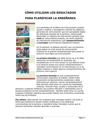 CÓMO UTILIZAR LOS RESULTADOS

            PARA PLANIFICAR LA ENSEÑANZA


                          Los resultados de la Matriz de Comunicación pueden
                          ayudar a padres y educadores a decidir los objetivos
                          generales de comunicación que son apropiados dadas
                          las destrezas actuales de la persona. Usted puede
                          desarrollar un objetivo de intervención general (qué
                          nivel de comunicación tratará), así como objetivos
                          de intervención específicos (qué comportamientos
                          y mensajes comunicativos específicos tratará).

                          Por lo general, se debería permitir que una persona
                          actúe según su nivel actual de comunicación
                          mientras se le alienta constantemente para pasar al
                          próximo nivel lógico de comunicación.

                          La primera decisión que debe tomar es si se debe
                          concentrar principalmente en aumentar las
                          competencias en el nivel actual (lo que debería hacer
                          si la persona posee muy pocos comportamientos o
                          mensajes comunicativos en el nivel actual) y/o si se
                          deben empezar a tratar algunos comportamientos del
                          próximo nivel superior.

                        La próxima decisión es qué comportamiento
                        comunicativo específico se tratará. ¿Debe tratar
                        únicamente comportamientos existentes o debe
                        esforzarse por alcanzar nuevos comportamientos?
                        Esta decisión debe tener en cuenta las habilidades
                        motoras, motoras finas, vocales y sensoriales de la
persona y cualquier limitación que pudiera dificultar o imposibilitar que la
persona produzca ciertos comportamientos. También debe tener en cuenta
cualquier limitación cognitiva que pueda impedir que la persona comprenda
cierto tipo de símbolos.

Por último, debe decidir con exactitud qué mensajes tratará. Consulte el
Perfil para determinar dónde existen problemas en las destrezas
comunicativas de la persona y considere tratar mensajes nuevos que la
persona realmente necesita aprender a expresar.




Manual www.matrizdecomunicacion.org                                    Página 30
 