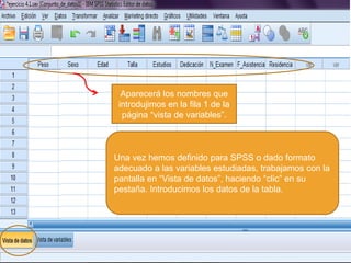 Aparecerá los nombres que
 introdujimos en la fila 1 de la
  página “vista de variables”.



Una vez hemos definido para SPSS o dado formato
adecuado a las variables estudiadas, trabajamos con la
pantalla en “Vista de datos”, haciendo “clic” en su
pestaña. Introducimos los datos de la tabla.
 
