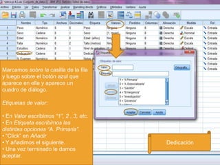 Marcamos sobre la casilla de la fila
y luego sobre el botón azul que
aparece en ella y aparece un
cuadro de diálogo.

Etiquetas de valor:

• En Valor escribimos “1”, 2 , 3, etc.
• En Etiqueta escribimos las
distintas opciones “A. Primaria”.
• “Click” en Añadir
• Y añadimos el siguiente.               Dedicación
• Una vez terminado le damos
aceptar.
 