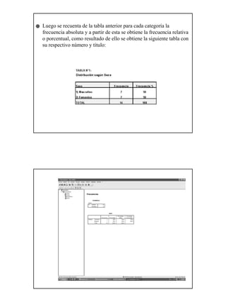 13
Luego se recuenta de la tabla anterior para cada categoría la
frecuencia absoluta y a partir de esta se obtiene la frecuencia relativa
o porcentual, como resultado de ello se obtiene la siguiente tabla con
su respectivo número y título:
 