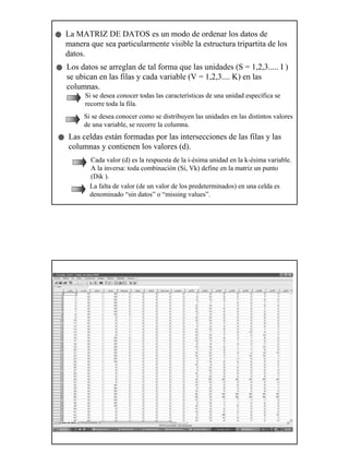 5
La MATRIZ DE DATOS es un modo de ordenar los datos de
manera que sea particularmente visible la estructura tripartita de los
datos.
Los datos se arreglan de tal forma que las unidades (S = 1,2,3..... I )
se ubican en las filas y cada variable (V = 1,2,3.... K) en las
columnas.
Si se desea conocer todas las características de una unidad específica se
recorre toda la fila.
Si se desea conocer como se distribuyen las unidades en las distintos valores
de una variable, se recorre la columna.
Las celdas están formadas por las intersecciones de las filas y las
columnas y contienen los valores (d).
Cada valor (d) es la respuesta de la i-ésima unidad en la k-ésima variable.
A la inversa: toda combinación (Si, Vk) define en la matriz un punto
(Dik ).
La falta de valor (de un valor de los predeterminados) en una celda es
denominado “sin datos” o “missing values”.
 