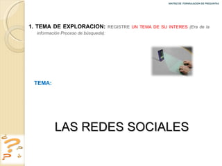 MATRIZ DE  FORMULACION DE PREGUNTAS  1. TEMA DE EXPLORACION:  REGISTRE  UN TEMA DE SU INTERES   (Era de la información Proceso de búsqueda): TEMA:  LAS REDES SOCIALES 