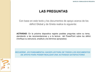 MATRIZ DE  FORMULACION DE PREGUNTAS  LAS PREGUNTAS  Con base en este texto y los documentos de apoyo acerca de los déficit Global y de Grieta realice lo siguiente:  ACTIVIDAD:  En la próxima diapositiva registre posibles preguntas sobre su tema,  atendiendo a las recomendaciones y a la lectura  del PowerPoint sobre los déficit. (Verifique su estructura, amplitud y los términos apropiados) RECUERDE...ES FUNDAMENTAL HACER LECTURA DE TODOS LOS DOCUMENTOS DE APOYO PARA PODER REALIZAR UNA ACTIVIDAD SATISFACTORIA 