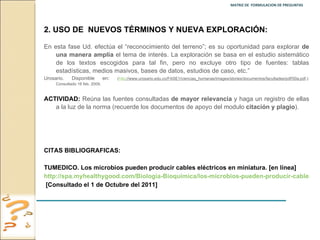 MATRIZ DE  FORMULACION DE PREGUNTAS  2.   USO DE  NUEVOS TÉRMINOS Y NUEVA EXPLORACIÓN: En esta fase Ud. efectúa el “reconocimiento del terreno”; es su oportunidad para explorar  de una manera amplia  el tema de interés. La exploración se basa en el estudio sistemático de los textos escogidos para tal fin, pero no excluye otro tipo de fuentes: tablas estadísticas, medios masivos, bases de datos, estudios de caso, etc.”  Urosario. Disponible en :  ( http ://www.urosario.edu.co/FASE1/ciencias_humanas/images/stories/documentos/facultades/pdf/50a.pdf .): Consultado 16 feb. 2009. ACTIVIDAD:  Reúna las fuentes consultadas  de mayor relevancia  y haga un registro de ellas a la luz de la norma (recuerde los documentos de apoyo del modulo  citación y plagio ). CITAS BIBLIOGRAFICAS:  TUMEDICO. Los microbios pueden producir cables eléctricos en miniatura. [en línea]  http://spa.myhealthygood.com/Biologia-Bioquimica/los-microbios-pueden-producir-cables-electricos-en-miniatura.html  [Consultado el 1 de Octubre del 2011] 