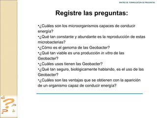 MATRIZ DE  FORMULACION DE PREGUNTAS  Registre las preguntas: ¿Cuáles son los microorganismos capaces de conducir energía? ¿Qué tan constante y abundante es la reproducción de estas microbacterias? ¿Cómo es el genoma de las Geobacter? ¿Qué tan viable es una producción  in vitro  de las Geobacter? ¿Cuáles usos tienen las Geobacter? ¿Qué tan seguro, biológicamente hablando, es el uso de las Geobacter? ¿Cuáles son las ventajas que se obtienen con la aparición de un organismo capaz de conducir energía? 