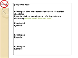 (Responda aquí) Estrategia 1 debe darle reconocimientos a las fuentes citándolas. Ejemplo: el viche es un jugo de caña fermentado y destilado.( Recetas-cocina-chocuana.com) Estrategia 2 Ejemplo:  Estrategia 3 Ejemplo:  Estrategia 4 Ejemplo:  