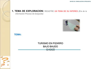 MATRIZ DE  FORMULACION DE PREGUNTAS  1. TEMA DE EXPLORACION:  REGISTRE  UN TEMA DE SU INTERES   (Era de la información Proceso de búsqueda): TEMA:  TURISMO EN PIZARRO BAJO BAUDO CHOCÓ 