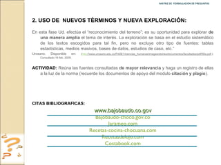 MATRIZ DE  FORMULACION DE PREGUNTAS  2.   USO DE  NUEVOS TÉRMINOS Y NUEVA EXPLORACIÓN: En esta fase Ud. efectúa el “reconocimiento del terreno”; es su oportunidad para explorar  de una manera amplia  el tema de interés. La exploración se basa en el estudio sistemático de los textos escogidos para tal fin, pero no excluye otro tipo de fuentes: tablas estadísticas, medios masivos, bases de datos, estudios de caso, etc.”  Urosario. Disponible en :  ( http ://www.urosario.edu.co/FASE1/ciencias_humanas/images/stories/documentos/facultades/pdf/50a.pdf .): Consultado 16 feb. 2009. ACTIVIDAD:  Reúna las fuentes consultadas  de mayor relevancia  y haga un registro de ellas a la luz de la norma (recuerde los documentos de apoyo del modulo  citación y plagio ). CITAS BIBLIOGRAFICAS:  www.bajobaudo.co.gov Bajobaudo-choco.gov.co Jarameo.com Recetas-cocina-chocuana.com Recetasdelujo.com Costabook.com 