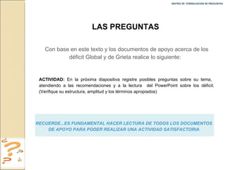 MATRIZ DE  FORMULACION DE PREGUNTAS  LAS PREGUNTAS  Con base en este texto y los documentos de apoyo acerca de los déficit Global y de Grieta realice lo siguiente:  ACTIVIDAD:  En la próxima diapositiva registre posibles preguntas sobre su tema,  atendiendo a las recomendaciones y a la lectura  del PowerPoint sobre los déficit. (Verifique su estructura, amplitud y los términos apropiados) RECUERDE...ES FUNDAMENTAL HACER LECTURA DE TODOS LOS DOCUMENTOS DE APOYO PARA PODER REALIZAR UNA ACTIVIDAD SATISFACTORIA 