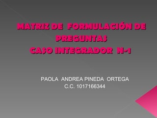 MATRIZ DE  FORMULACIÓN DE PREGUNTAS CASO INTEGRADOR  N-1  PAOLA  ANDREA PINEDA  ORTEGA C.C. 1017166344 
