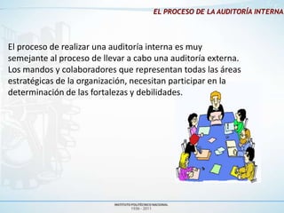 EL PROCESO DE LA AUDITORÍA INTERNA:




El proceso de realizar una auditoría interna es muy
semejante al proceso de llevar a cabo una auditoría externa.
Los mandos y colaboradores que representan todas las áreas
estratégicas de la organización, necesitan participar en la
determinación de las fortalezas y debilidades.
 