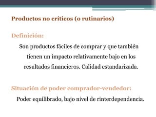 Productos no críticos (o rutinarios) 
Definición: 
Son productos fáciles de comprar y que también 
tienen un impacto relativamente bajo en los 
resultados financieros. Calidad estandarizada. 
Situación de poder comprador-vendedor: 
Poder equilibrado, bajo nivel de rinterdependencia. 
 