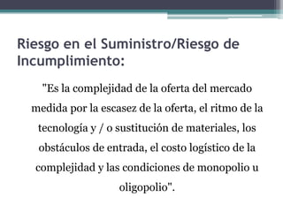 Riesgo en el Suministro/Riesgo de 
Incumplimiento: 
"Es la complejidad de la oferta del mercado 
medida por la escasez de la oferta, el ritmo de la 
tecnología y / o sustitución de materiales, los 
obstáculos de entrada, el costo logístico de la 
complejidad y las condiciones de monopolio u 
oligopolio". 
 