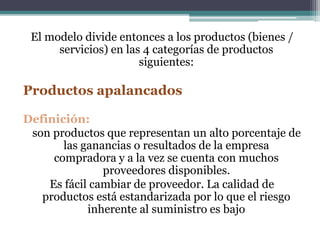El modelo divide entonces a los productos (bienes / 
servicios) en las 4 categorías de productos 
siguientes: 
Productos apalancados 
Definición: 
son productos que representan un alto porcentaje de 
las ganancias o resultados de la empresa 
compradora y a la vez se cuenta con muchos 
proveedores disponibles. 
Es fácil cambiar de proveedor. La calidad de 
productos está estandarizada por lo que el riesgo 
inherente al suministro es bajo 
 
