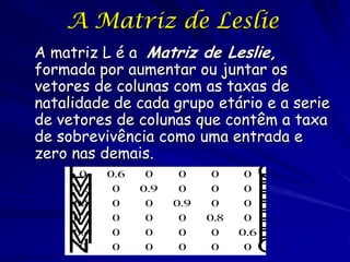 Colocação de Números numa
      matriz de Leslie
As taxas de sobrevivência ficam no
 super-diagonal, imediatamente acima d...