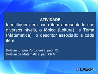 ATIVIDADE Identifiquem em cada item apresentado nos diversos níveis, o tópico (Leitura)  e Tema (Matemática)  o descritor   associado a cada item. Boletim Língua Portuguesa: pag. 72  Boletim de Matemática: pag. 66 M  
