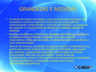 GRANDEZAS E MEDIDAS O estudo de temas vinculados a esse domínio deve propiciar aos estudantes conhecer aspectos históricos da construção do conhecimento; compreender o conceito de medidas, os processos de medição e a necessidade de adoção de unidades-padrão de medidas Resolver problemas utilizando as unidades de medidas; estabelecer conexões entre grandezas e medidas com outros temas matemáticos como, por exemplo, os números racionais positivos e suas representações. Através de diversas atividades, é possível mostrar a importância e o acentuado caráter prático das Grandezas e Medidas, para poder, por exemplo, compreender questões relacionadas aos Temas Transversais, além de sua vinculação a outras áreas de conhecimento, como as Ciências Naturais (temperatura, velocidade e outras grandezas) e a Geografia (escalas para mapas, coordenadas geográficas). 