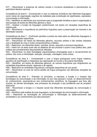 H17 – Reconhecer a presença de valores sociais e humanos atualizáveis e permanentes no
patrimônio literário nacional.
Competência de área 6 – Compreender e usar os sistemas simbólicos das diferentes linguagens
como meios de organização cognitiva da realidade pela constituição de significados, expressão,
comunicação e informação.
H18 – Identificar os elementos que concorrem para a progressão temática e para a organização e
estruturação de textos de diferentes gêneros e tipos.
H19 – Analisar a função da linguagem predominante nos textos em situações específicas de
interlocução.
H20 – Reconhecer a importância do patrimônio linguístico para a preservação da memória e da
identidade nacional.
Competência de área 7 – Confrontar opiniões e pontos de vista sobre as diferentes linguagens e
suas manifestações específicas.
H21 – Reconhecer em textos de diferentes gêneros, recursos verbais e não verbais utilizados
com a finalidade de criar e mudar comportamentos e hábitos.
H22 – Relacionar, em diferentes textos, opiniões, temas, assuntos e recursos linguísticos.
H23 – Inferir em um texto quais são os objetivos de seu produtor e quem é seu público alvo, pela
análise dos procedimentos argumentativos utilizados.
H24 – Reconhecer no texto estratégias argumentativas empregadas para o convencimento do
público, tais como a intimidação, sedução, comoção, chantagem, entre outras.
Competência de área 8 – Compreender e usar a língua portuguesa como língua materna,
geradora de significação e integradora da organização do mundo e da própria identidade.
H25 – Identificar, em textos de diferentes gêneros, as marcas linguísticas que singularizam as
variedades linguísticas sociais, regionais e de registro.
H26 – Relacionar as variedades linguísticas a situações específicas de uso social.
H27 – Reconhecer os usos da norma padrão da língua portuguesa nas diferentes situações de
comunicação.
Competência de área 9 – Entender os princípios, a natureza, a função e o impacto das
tecnologias da comunicação e da informação na sua vida pessoal e social, no desenvolvimento
do conhecimento, associando-os aos conhecimentos científicos, às linguagens que lhes dão
suporte, às demais tecnologias, aos processos de produção e aos problemas que se propõem
solucionar.
H28 – Reconhecer a função e o impacto social das diferentes tecnologias da comunicação e
informação.
H29 – Identificar pela análise de suas linguagens, as tecnologias da comunicação e informação.
H30 – Relacionar as tecnologias da comunicação e informação ao desenvolvimento das
sociedades e ao conhecimento que elas produzem.

 