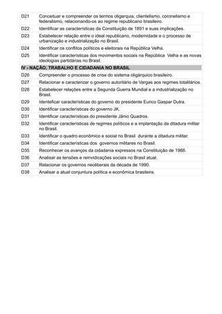 D21   Conceituar e compreender os termos oligarquia, clientelismo, coronelismo e
      federalismo, relacionando-os ao regime republicano brasileiro.
D22   Identificar as características da Constituição de 1891 e suas implicações.
D23   Estabelecer relação entre o ideal republicano, modernidade e o processo de
      urbanização e industrialização no Brasil.
D24   Identificar os conflitos políticos e eleitorais na República Velha.
D25   Identificar características dos movimentos sociais na República Velha e as novas
      ideologias partidárias no Brasil.
IV - NAÇÃO, TRABALHO E CIDADANIA NO BRASIL
D26   Compreender o processo de crise do sistema oligárquico brasileiro.
D27   Relacionar e caracterizar o governo autoritário de Vargas aos regimes totalitários.
D28   Estabelecer relações entre a Segunda Guerra Mundial e a industrialização no
      Brasil.
D29   Identeficar características do governo do presidente Eurico Gaspar Dutra.
D30   Identificar características do governo JK.
D31   Identificar características do presidente Jânio Quadros.
D32   Identificar características de regimes políticos e a implantação da ditadura militar
      no Brasil.
D33   Identificar o quadro econômico e social no Brasil durante a ditadura militar.
D34   Identificar características dos governos militares no Brasil.
D35   Reconhecer os avanços da cidadania expressos na Constituição de 1988.
D36   Analisar as tensões e reinvidicações sociais no Brasil atual.
D37   Relacionar os governos neoliberais da década de 1990.
D38   Analisar a atual conjuntura política e econômica brasileira.
 