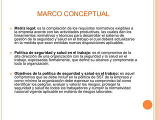 MARCO CONCEPTUAL
 Matriz legal: es la compilación de los requisitos normativos exigibles a
la empresa acorde con las actividades productivas, las cuales dan los
lineamientos normativos y técnicos para desarrollar el sistema de
gestión de la seguridad y salud en el trabajo el cual deberá actualizarse
en la medida que sean emitidas nuevas disposiciones aplicables.
 Política de seguridad y salud en el trabajo: es el compromiso de la
alta dirección de una organización con la seguridad y la salud en el
trabajo, expresadas formalmente, que define su alcance y compromete a
toda la organización.
 Objetivos de la política de seguridad y salud en el trabajo: es aquel
compromiso que se debe incluir en la política de SST de la empresa y
como mínimo la organización debe expresar su compromiso tal como
identificar los peligros, evaluar y valorar los riesgos, proteger la
seguridad y salud de todos los trabajadores y cumplir la normatividad
nacional vigente aplicable en materia de riesgos laborales.
 