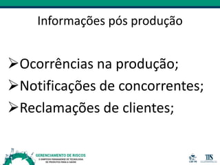 Informações pós produção
Ocorrências na produção;
Notificações de concorrentes;
Reclamações de clientes;
 