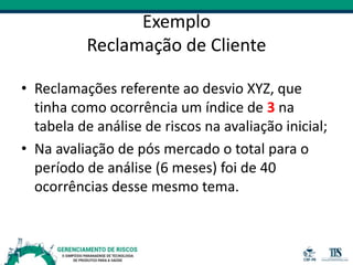 Exemplo
Reclamação de Cliente
• Reclamações referente ao desvio XYZ, que
tinha como ocorrência um índice de 3 na
tabela de análise de riscos na avaliação inicial;
• Na avaliação de pós mercado o total para o
período de análise (6 meses) foi de 40
ocorrências desse mesmo tema.
 