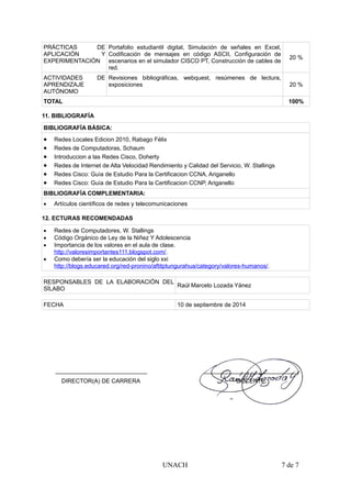 PRÁCTICAS DE
APLICACIÓN Y
EXPERIMENTACIÓN
Portafolio estudiantil digital, Simulación de señales en Excel,
Codificación de mensajes en código ASCII, Configuración de
escenarios en el simulador CISCO PT, Construcción de cables de
red.
20 %
ACTIVIDADES DE
APRENDIZAJE
AUTÓNOMO
Revisiones bibliográficas, webquest, resúmenes de lectura,
exposiciones 20 %
TOTAL 100%
11. BIBLIOGRAFÍA
BIBLIOGRAFÍA BÁSICA:
 Redes Locales Edicion 2010, Rabago Félix
 Redes de Computadoras, Schaum
 Introduccion a las Redes Cisco, Doherty
 Redes de Internet de Alta Velocidad Rendimiento y Calidad del Servicio, W. Stallings
 Redes Cisco: Guìa de Estudio Para la Certificacion CCNA, Ariganello
 Redes Cisco: Guìa de Estudio Para la Certificacion CCNP, Ariganello
BIBLIOGRAFÍA COMPLEMENTARIA:
 Artículos científicos de redes y telecomunicaciones
12. ECTURAS RECOMENDADAS
 Redes de Computadores, W. Stallings
 Código Orgánico de Ley de la Niñez Y Adolescencia
 Importancia de los valores en el aula de clase.
http://valoresimportantes111.blogspot.com/.
 Como debería ser la educación del siglo xxi
http://blogs.educared.org/red-pronino/aftitptungurahua/category/valores-humanos/.
RESPONSABLES DE LA ELABORACIÓN DEL
SÍLABO
Raúl Marcelo Lozada Yánez
FECHA 10 de septiembre de 2014
____________________________ ____________________________
DIRECTOR(A) DE CARRERA DOCENTE
UNACH 7 de 7
 