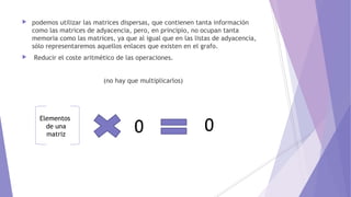  podemos utilizar las matrices dispersas, que contienen tanta información
como las matrices de adyacencia, pero, en principio, no ocupan tanta
memoria como las matrices, ya que al igual que en las listas de adyacencia,
sólo representaremos aquellos enlaces que existen en el grafo.
 Reducir el coste aritmético de las operaciones.
(no hay que multiplicarlos) 
Elementos
de una
matriz
0 0
 