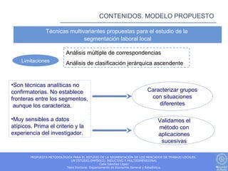 CONTENIDOS. MODELO PROPUESTO

                Técnicas multivariantes propuestas para el estudio de la
                               segmentación laboral local

                           Análisis múltiple de correspondencias
    Limitaciones
                           Análisis de clasificación jerárquica ascendente


•Son técnicas analíticas no
confirmatorias. No establece                                             Caracterizar grupos
fronteras entre los segmentos,                                            con situaciones
 aunque los caracteriza.                                                     diferentes

•Muy sensibles a datos                                                         Validamos el
atípicos. Prima el criterio y la                                               método con
experiencia del investigador.                                                  aplicaciones
                                                                                sucesivas

        PROPUESTA METODOLÓGICA PARA EL ESTUDIO DE LA SEGMENTACIÓN DE LOS MERCADOS DE TRABAJO LOCALES.
                             UN ESTUDIO EMPÍRICO, INDUCTIVO Y MULTIDIMENSIONAL
                                                 Celia Sánchez López
                           Tesis Doctoral. Departamento de Economía General y Estadística.
 