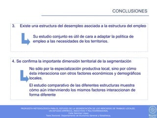 CONCLUSIONES


3.   Existe una estructura del desempleo asociada a la estructura del empleo

              Su estudio conjunto es útil de cara a adaptar la política de
              empleo a las necesidades de los territorios.




4. Se confirma la importante dimensión territorial de la segmentación
           No sólo por la especialización productiva local, sino por cómo
           ésta interacciona con otros factores económicos y demográficos
           locales.
           El estudio comparativo de las diferentes estructuras muestra
           cómo aún interviniendo los mismos factores interaccionan de
           forma diferente


     PROPUESTA METODOLÓGICA PARA EL ESTUDIO DE LA SEGMENTACIÓN DE LOS MERCADOS DE TRABAJO LOCALES.
                          UN ESTUDIO EMPÍRICO, INDUCTIVO Y MULTIDIMENSIONAL
                                              Celia Sánchez López
                        Tesis Doctoral. Departamento de Economía General y Estadística.
 