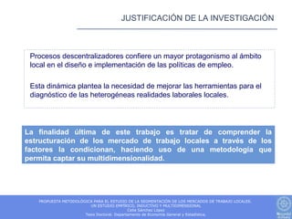 JUSTIFICACIÓN DE LA INVESTIGACIÓN



 Procesos descentralizadores confiere un mayor protagonismo al ámbito
 local en el diseño e implementación de las políticas de empleo.

 Esta dinámica plantea la necesidad de mejorar las herramientas para el
 diagnóstico de las heterogéneas realidades laborales locales.




La finalidad última de este trabajo es tratar de comprender la
estructuración de los mercado de trabajo locales a través de los
factores la condicionan, haciendo uso de una metodología que
permita captar su multidimensionalidad.




   PROPUESTA METODOLÓGICA PARA EL ESTUDIO DE LA SEGMENTACIÓN DE LOS MERCADOS DE TRABAJO LOCALES.
                        UN ESTUDIO EMPÍRICO, INDUCTIVO Y MULTIDIMENSIONAL
                                            Celia Sánchez López
                      Tesis Doctoral. Departamento de Economía General y Estadística.
 