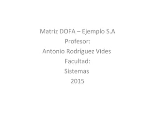 Matriz DOFA – Ejemplo S.A
Profesor:
Antonio Rodríguez Vides
Facultad:
Sistemas
2015
 
