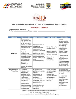 APROPIACIÓN PROFESIONAL DE TIC: TEMÁTICAS PARA DIRECTIVOS DOCENTES

                                INSTITUTO LA LIBERTAD
Establecimiento educativo: __________________________________________________
Fecha: ___________________ Responsable: ____________________________________



   GESTION           DIFICULTADES          OPORTUNIDADES               FORTALEZAS              AMENAZAS
                    Carencia de un
                                                                                            Escaso
                    plan explícito para
                                                                                            compromiso por
                    la implementación
                                                                                            parte de la alcaldía
                    de las TICS en el
                                                                                            para desarrollar
                    proceso educativo.     Convenios entre la
                                                                                            acciones que
                    Manejo cerrado del     SEB y otras
                                                                     Personal directivo     permitan el
                    uso y servicio de      instituciones para
                                                                     formado en tics.       mantenimiento
                    internet.              capacitación de
                                                                                            oportuno de
                                           directivos y docentes.
                                                                     Apoyo a espacios       equipos y aulas
                    •Falta de
                                                                     de capacitación en     especializadas.
   Directiva        infraestructura        Recursos en el uso
                                                                     tics para docentes.
                    interna que permita    de las tics al alcance
                                                                                            Construcción de
                    organizar una sala     de los usuarios que
                                                                     Existencia de          espacios
                    complementaria         deseen hacer uso de
                                                                     ambientes              complementarios a
                    para uso de los        ellos
                                                                     tecnológicos.          la sala de
                    docentes en su         (Colombiaaprende)
                                                                                            informática para el
                    quehacer
                                                                                            trabajo pedagógico
                    pedagógico.
                                                                                            de las diferentes
                                                                                            áreas usando tics.
                    Servicio de internet
                    deficiente.
Administrativa y    Limitados              Posibilidad de            Equipo humano          •La gratuidad de la
  Financiera        recursos para          gestionar recursos        conformado por         educación y los pocos
                                                                                            recursos provenientes
                    atender a la           para la                   docentes y             del estado
                    totalidad de los       consecución y             estudiantes
                    integrantes de la      ampliación de             responsables de        La acelerada
                    comunidad              equipos y                 la operación y         innovación
                    educativa en el        mantenimiento             manejo de              tecnológica que
                    uso de tics            adecuado para los         equipos                obliga a
                                           ya existentes.                                   reemplazar los
                    Presupuesto                                                             equipos
                    insuficiente para      Nuevos recursos                                  rápidamente.
                    la sostenibilidad      existentes en el
                    de equipos y           mercado.
                      Calle 43 Nº 57-14 Centro Administrativo Nacional, CAN, Bogotá, D.C.
                                    PBX: +57 (1) 222 2800 - Fax 222 4953
                   www.mineducacion.gov.co - atencionalciudadano@mineducacion.gov.co
 