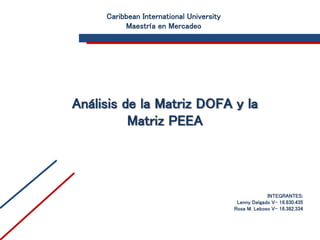 Caribbean International University
Maestría en Mercadeo
Análisis de la Matriz DOFA y la
Matriz PEEA
INTEGRANTES:
Lenny Delgado V- 18.830.435
Rosa M. Leboso V- 16.382.334
 