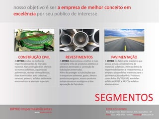 nosso objetivo é ser a empresa de melhor conceito em
excelência por seu público de interesse.




   CONSTRUÇÃO CIVIL                           REVESTIMENTOS                              PAVIMENTAÇÃO
A DRYKO produz os melhores               A DRYKO desenvolveu a melhor e mais       A DRYKO é o fabricante brasileiro que
impermeabilizantes do mercado            completa linha de produtos asfálticos e   possui a mais completa linha de
nacional. Na Construção Civil oferece    plásticos destinados a proteção de        materiais asfálticos. Além da linha de
as mantas asfálticas, argamassas         tubulações enterradas.                    impermeabilizantes e revestimentos, a
poliméricas, resinas termoplásticas,     Além de proteger as tubulações que        empresa disponibiliza materiais para a
fitas aluminizadas auto adesivas,        transportam solventes, gases, óleos e     pavimentação rodoviária. Produtos
selantes, primers, asfaltos oxidados e   produtos perigosos, nossos produtos       como Asfox 50/70 (CAP), emulsões
elastoméricos e adesivos especiais.      evitam desastres ecológicos e têm         asfálticas (RR1C e RR2C) e asfaltos
                                         aprovação da Petrobrás.                   elastoméricos.
 