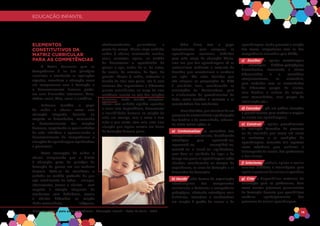 EDUCAÇÃO INFANTIL
Matriz Curricular para as Competências - Educação Infantil - Rede La Salle - 2018 14
EDUCAÇÃO INFANTIL
ELEMENTOS
CONSTITUTIVOS DA
MATRIZ CURRICULAR
PARA AS COMPETÊNCIAS
A Matriz Curricular para as
Competências à luz dos princípios
lassalistas e atendendo as legislações
vigentes, reconhece a educação como
um compromisso com a formação e
o desenvolvimento humano global,
em suas dimensões intelectual, física,
afetiva, social, ética, moral e simbólica.
Evidencia também o papel
do cuidar e educar como uma
educação integrada, baseada no
respeito as diversidades, valorizando
o desenvolvimento das relações
humanas, respeitando as peculiaridades
de cada indivíduo e oportunizando o
desenvolvimento de competências e
situações de aprendizagem significativas
e prazerosas.
Como concepção de cuidar e
educar compreende que o direito
à educação parte do princípio da
formação da pessoa em sua essência
humana. Trata-se de considerar o
cuidado no sentido profundo do que
seja acolhimento de todos – crianças,
adolescentes, jovens e adultos – com
respeito e atenção adequada de
estudantes com deficiência, jovens
e adultos defasados na relação
idade-escolaridade, indígenas,
afrodescendentes, quilombolas e
povos do campo. Educar exige cuidado;
cuidar é educar, envolvendo acolher,
ouvir, encorajar, apoiar, no sentido
de desenvolver o aprendizado de
pensar e agir, cuidar de si, do outro,
da escola, da natureza, da água, do
planeta. Educar é, enfim, enfrentar o
desafio de lidar com gente, isto é, com
criaturas tão imprevisíveis e diferentes
quanto semelhantes, ao longo de uma
existência inscrita na teia das relações
humanas, neste mundo complexo.
Educar com cuidado significa aprender
a amar sem dependência, desenvolver
a sensibilidade humana na relação de
cada um consigo, com o outro e com
tudo o que existe, com zelo, ante uma
situação que requer cautela em busca
da formação humana plena.
Além disso, tem o papel
complementar para assegurar as
aprendizagens essenciais definidas
para cada etapa da educação básica,
uma vez que tais aprendizagens só se
materializam mediante o conjunto de
decisões que caracterizam o currículo
em ação. São estas decisões que
vão adequar as proposições da MCC
à realidade local, considerando as
orientações da Mantenedora, para
o alinhamento de procedimentos de
Rede, como também o contexto e as
características dos estudantes.
Essasdecisões,queresultamdeum
processo de envolvimento e participação
das famílias e da comunidade, referem-
se, entre outras ações, a:
a) Contextualizar os conteúdos dos
componentes curriculares, identificando
estratégias para apresentá-los,
representá-los, exemplificá-los,
conectá-los e torná-los significativos,
com base na realidade do lugar e do
tempo nos quais as aprendizagens estão
situadas, considerando os campos de
experiências, os eixos de formação e as
dimensões de formação;
b) Decidir sobre formas de organização
interdisciplinar dos componentes
curriculares e fortalecer a competência
pedagógica, adotando estratégias mais
dinâmicas, interativas e colaborativas
em relação à gestão do ensino e da
aprendizagem, tendo presente a relação
dos temas integradores com as dez
competências elencadas pela BNCC;
c) Escolher e aplicar metodologias
e estratégias didático-pedagógicas
diversificadas, recorrendo e ritmos
diferenciados e a conteúdos
complementares, se necessário,
para trabalhar com as necessidades
de diferentes grupos de alunos,
suas famílias e cultura de origem,
suas comunidades, seus grupos de
socialização etc.;
d) Conceber e pôr em prática situações
e procedimentos para motivar e engajar
os alunos nas aprendizagens;
e) Construir e aplicar procedimentos
de avaliação formativa de processo
ou de resultado que levem em conta
os contextos e as condições de
aprendizagem, tomando tais registros
como referência para melhorar o
desempenho da escola, dos professores
e dos alunos;
f) Selecionar, produzir, aplicar e avaliar
recursos didáticos e tecnológicos para
apoiar o processo de ensinar e aprender;
g) Criar e disponibilizar materiais de
orientação para os professores, bem
como manter processos permanentes
de formação docente que possibilitem
contínuo aperfeiçoamento dos
processos de ensino aprendizagem.
 