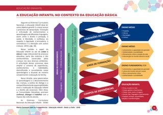 EDUCAÇÃO INFANTIL
Matriz Curricular para as Competências - Educação Infantil - Rede La Salle - 2018 15
EDUCAÇÃO INFANTIL
Segundo as Diretrizes Curriculares
Nacionais, a Educação Infantil deve ter
como objetivo garantir à criança acesso
a processos de apropriação, renovação
e articulação de conhecimentos e
aprendizagens de diferentes linguagens,
assim como o direito à proteção, à
saúde, à liberdade, à confiança, ao
respeito, à dignidade, à brincadeira, à
convivência e à interação com outras
crianças. (2010, pág. 18).
Nesse sentido o papel da
Educação Infantil no ato de cuidar e
educar é algo indissociável do processo
educativo, parte das vivências e dos
conhecimentos construídos pelas
crianças nos seus diversos ambientes.
A articulação desses processos deve
ampliar o universo de experiências,
conhecimentos e habilidades,
diversificando e consolidando novas
aprendizagens e atuando de maneira
complementar à educação da família.
Nessa direção, para potencializar
as aprendizagens e o desenvolvimento
das crianças, a prática do diálogo e o
compartilhamentoderesponsabilidades
entre a instituição de Educação Infantil
e a família são essenciais. Além disso,
as Comunidades Educativas precisam
conhecer, dialogar e trabalhar com a
riqueza das culturas plurais.
As Diretrizes Curriculares
Nacionais da Educação Infantil - DCNEI
A EDUCAÇÃO INFANTIL NO CONTEXTO DA EDUCAÇÃO BÁSICA
EDUCAÇÃO INFANTIL
• O eu, o outro e o nós
• Corpo, gestos e movimentos
• Traços, sons, cores e imagens
• Escuta, fala, linguagem e pensamento
• Espaços, tempos, quan�dades,
relações e transformações
ENSINO MÉDIO
• Trabalho
• Ciência
• Tecnologia
• Cultura
ENSINO MÉDIO
• Letramentos e capacidade de aprender
• Solidariedade e sociabilidade
• Pensamento crí�co e projeto de vida
• Intervenção no mundo natural e social
ENSINO FUNDAMENTAL I E II
• Letramentos e capacidade de aprender
• Leitura do mundo natural e social
• É�ca e pensamento crí�co
• Solidariedade e sociabilidade
ÁREAS
DE
CONHECIMENTO
•
Linguagens
•
Matemá�ca
•
Ciências
da
Natureza
•
Ciências
Humanas
TEMAS
INTEGRADORES
•
Economia,
educação
ﬁnanceira
e
sustentabilidade
•
Culturas
indígenas
e
africanas
•
Culturas
digitais
e
computação
•
Direitos
humanos
e
cidadania
•
Educação
ambiental
EIXOS DE FORMAÇÃO
DIMENSÕES DE FORMAÇÃO
CAMPOS DE EXPERIÊNCIAS
 