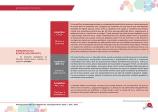 EDUCAÇÃO INFANTIL
Matriz Curricular para as Competências - Educação Infantil - Rede La Salle - 2018 20
EDUCAÇÃO INFANTIL
PRINCÍPIOS DA
EDUCAÇÃO INFANTIL
As propostas pedagógicas da
Educação Infantil devem respeitar os
seguintes princípios:
PRINCÍPIO
ÉTICO
(Brincar e
conviver)
OPrincípioÉticoseráabordadotambémnocotidianodaEducaçãoInfantil,sendoqueodesenvolvimento
da criança deve ser provocado para a conquista da autonomia. Em cada fase da vida deve aprender
atividades de higiene pessoal, comer, vestir-se, apropriar-se do espaço e reconhecer seus limites,
criando uma consciência moral do seu agir de forma que suas ações não afetem negativamente o
ambiente escolar e a relação com os colegas. É nesse momento que deve ser estimulada pela escuta
e pelo diálogo, de forma que a criança compreenda que suas atitudes podem servir ou prejudicar
as demais pessoas com as quais convive no ambiente escolar. É no ato de brincar, no faz de conta e
nos jogos com regras, que a criança estabelece este princípio, respeitando o outro, compreendendo o
mundo ao seu redor e percebendo que está presente nela e que suas relações com as pessoas, com a
natureza e com os brinquedos precisam ter limites para uma boa convivência. Outro aspecto relevante
é o respeito com a diferença, considerando o jeito de ser de cada pessoa, nas diferenças étnicas, nas
famílias, nas casas do bairro, nas escolas, demonstrando que as diferenças entre as pessoas existem e
que se deve respeitar a diversidade para conviver em sociedade.
PRINCÍPIO
ESTÉTICO
(Explorar,
expressar-se)
O Princípio Estético ocorre na Educação Infantil, quando se estabelece relação de respeito entre adulto/
criança; criança/criança, incentivando e demonstrando a singularidade de cada um, e respeitando
a diversidade. Para tanto, deve ser proporcionado saberes procedimentais para que a criança se
manifeste de forma criativa, através da oralidade; da musicalidade e linguagens infantis, reconhecendo
o valor de cada um e seu espaço e presença no grupo. Dentre outras estratégias importantes para a
efetivação deste princípio podemos citar também: reconhecer seu nome; do que gosta ou não gosta
de fazer; o que faz em casa e na sua comunidade e tantas outras ações do cotidiano que demonstre,
que ela é única, própria e que essa singularidade lhe dá um lugar de respeito no grupo de colegas.
Procura-se explorar os espaços, valorizar os ambientes, de forma a oportunizar situações agradáveis e
estimulantes com brincadeiras.
PRINCÍPIO
POLÍTICO
(Participar e
conhecer-se)
O Princípio Político se concretiza na vivência do Princípio Estético e do Princípio Ético, os quais se
imbricam de tal maneira na proposta pedagógica e nas práticas da vida cotidiana na Educação Infantil,
que a criança escreve sua trajetória e os modos de agir e estar no mundo, de forma a construir uma
consciência democrática, diferente do que se tem apresentado.
Fonte: Diretrizes Curriculares Nacionais 2013
 