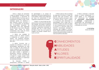 EDUCAÇÃO INFANTIL
Matriz Curricular para as Competências - Educação Infantil - Rede La Salle - 2018 5
EDUCAÇÃO INFANTIL
Temos a alegria em apresentar
a todas as Equipes Diretivas e a todos
os Colaboradores, o documento da
2ª versão da Matriz Curricular para as
Competências da Rede La Salle. Foram
realizados ajustes em referência a
Base Nacional Comum Curricular e
com as contribuições de Educadores
das Comunidades Educativas. Na
configuração atual está organizado
em 04 volumes e por níveis: Educação
Infantil, Anos Iniciais do Ensino
Fundamental, Anos Finais do Ensino
Fundamental e Ensino Médio.
A Matriz nos congrega na
mesma missão de “educar humana
e cristãmente, as crianças, jovens e
adultos” com excelência educativa,
para que a “escola vá bem e ensine a
bem viver”.
A Matriz Curricular tem o
propósito de estimular e centrar em
aprendizagens significativas em cada
nível, ao longo da vida escolar dos
nossos estudantes, de forma orgânica,
sequencial e articulada. Aprendizagens
que deem sentido e significado e
possibilitem melhores condições de
vida pessoal e social, transcendendo
o tempo e o espaço escolar, como
resposta aos desafios e as esperanças
da contemporaneidade.
Na Educação Infantil, o
planejamento contempla os direitos
de aprendizagem e os campos de
experiência.NoEnsinoFundamentaleno
Ensino Médio, a Matriz está configurada
por áreas do conhecimento e seus
respectivos componentes curriculares.
A Matriz, na nova versão que lhes
apresentamos, ainda não está completa
nem acabada. Terá ajustes e melhorias
ao longo dos próximos anos, sobretudo,
incluindo a experiência vivenciada na
aplicação dela. Ela é a base comum
da Rede La Salle. Ela é um ponto de
chegada e de partida. Também não é
nosso currículo.
INTRODUÇÃO
A Matriz pode ser lida na analogia
do mapa para o território. O mapa nos
permite viajar pelo território, saber
onde são os pontos principais e quais
as melhores formas, rotas e trajetos
a se percorrer para desenvolver as
aprendizagens. Pois o mapa, não é o
território. A Matriz em ação com todos
os seus atravessamentos é que forma
o currículo. É o percurso vivido num
itinerário intencionado, planejado e
articulado que configura o currículo.
Assim, a Matriz expressa e sistematiza a
proposta Educativa da Rede La Salle, em
vista da excelência educativa.
A Matriz contempla a Educação
Infantil, o Ensino Fundamental e o
Ensino Médio. A sua configuração
está referenciada nos princípios
da organicidade, sequencialidade
e articulação - progressividade e
complexidade das aprendizagens. A
Matriz, não é o currículo, é o mapa para
a efetivação do currículo.
Ir. José Kolling
Diretor de Missão
 