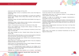 EDUCAÇÃO INFANTIL
Matriz Curricular para as Competências - Educação Infantil - Rede La Salle - 2018 61
EDUCAÇÃO INFANTIL
prepara para a vida. Porto Alegre: Ed. Penso, 2011.
PERRENOUD, Philippe. Construir as competências desde a escola. Porto Alegre: Ed.
Artmed, 1999.
PERRENOUD, Philippe. Os ciclos de aprendizagem: um caminho para combater o
fracasso escolar. Tradução: Patrícia Chittoni Ramos Reuillard. Porto Alegre: Artes
Médicas, 2004.
PERRENOUD, Philippe. DEZ NOVAS COMPETÊNCIAS PARA ENSINAR. Porto Alegre: Ed.
Artmed, 2000.
PERRENOUD, Philippe. A prática reflexiva no ofício de professor: profissionalização e
razão pedagógicas. Porto Alegre: Ed. Artmed, 2002.
PIAGET, J. O Construtivismo na sala de aula. 3ª ed. São Paulo: Ed. Ática, 1982.
ROCHA, Eloísa; KRAMER Sonia. Educação Infantil, enfoques em diálogo, 3ª ed.
Campinas, SP: Ed. Papirus, 2011.
SACRISTÁN, J. Gimeno; GÓMEZ, A.I.Pérez. Compreender e Transformar o Ensino. Porto
Alegre: Ed. Artmed, 2007.
SOLÉ, Isabel. Estratégias de leitura. Tradução Cláudia Schilling. Porto Alegre: Ed.
Artmed, 1998.
SMOLE,KátiaStocco;DINIZ,MariaIgnez.Ler,escrevereresolverproblemas:habilidades
básicas para aprender matemática. Porto Alegre: Ed. Artmed, 2001.
SMOLE, Kátia Stocco; DINIZ, Maria Ignez; CÂNDIDO, Patrícia. Resolução de Problemas.
Porto Alegre: Ed. Artmed, 2000.
SMOLE, Kátia Stocco. A Matemática Na Educação Infantil A Teoria Das Inteligências
Múltiplas Na Prática Escolar. Ed. Penso. 1996.
STRECK, Daniel R. Fé e Desenvolvimento Humano. Estudos Teológicos, São Leopoldo,
Escola Superior de Teologia, 32 (02): 209-211, 1992.
________. Fé e Desenvolvimento Humano. Resenha do livro Estágios da Fé.
Disponível em: http://est.com.br/periodicos/index.php/estudos_teologicos/article/
view/971/940. Acesso em: 07 dez. 2018.
TEBEROSKY, Ana, COLOMER, Teresa. Aprender a Ler e a Escrever – Uma Proposta
Construtivista. Porto Alegre: Ed. Artmed, 2003.
TILLICH, Paul. Dinâmica da Fé. São Leopoldo: Ed. Sinodal, 1985.
VASCONCELLOS, Maria José E. de. Pensamento Sistêmico: O novo paradigma da
ciência. Campinas, SP: Ed. Papirus, 2002.
VYGOTSKY, L.S; LURIA, A.R.  LEONTIEV, A.N. Linguagem, Desenvolvimento e
Aprendizagem. São Paulo. Ícone Editora, 1998.
VYGOTSKY, Lev Semenovich. A Formação Social da Mente: O Desenvolvimento dos
Processos Psicológicos Superiores. Organizadores: Michael Cole et al. Tradução: José
Cipolla Neto, Luís Silveira Menna Barreto, Solange Castro Afeche. 6ª ed. São Paulo: Ed.
Martins Fontes, 1998.
ZABALA, Antoni. A Prática Educativa: Como Ensinar. Trad. Ermani. F. da F. Rosa. Porto
Alegre: Ed. Artmed, 1998.
ZABALA, Antoni. Como Aprender e Ensinar Competências. Porto Alegre: Ed. Artmed,
2010.
ZABALA, Antoni. Como trabalhar com Conteúdos Procedimentais em Aula. Porto
Alegre: Ed. Artmed, 1999.
 