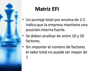 • Un puntaje total por encima de 2.5
indica que la empresa mantiene una
posición interna fuerte.
• Se deben analizar de entre 10 y 20
factores.
• Sin importar el número de factores
el valor total no puede ser mayor de
1
Matriz EFI
 
