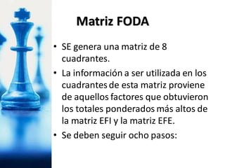 • SE genera una matriz de 8
cuadrantes.
• La información a ser utilizada en los
cuadrantesde esta matriz proviene
de aquellos factores que obtuvieron
los totales ponderados más altos de
la matriz EFI y la matriz EFE.
• Se deben seguir ocho pasos:
Matriz FODA
 