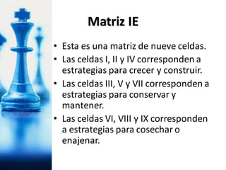 • Esta es una matriz de nueve celdas.
• Las celdas I, II y IV corresponden a
estrategias para crecer y construir.
• Las celdas III, V y VII corresponden a
estrategias para conservar y
mantener.
• Las celdas VI, VIII y IX corresponden
a estrategias para cosechar o
enajenar.
Matriz IE
 
