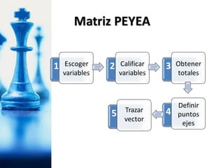 1 Escoger
variables
2 Calificar
variables
3 Obtener
totales
4
Definir
puntos
ejes
5 Trazar
vector
Matriz PEYEA
 