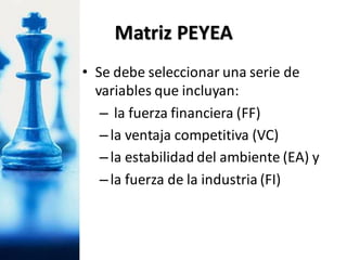 • Se debe seleccionar una serie de
variables que incluyan:
– la fuerza financiera (FF)
–la ventaja competitiva (VC)
–la estabilidad del ambiente (EA) y
–la fuerza de la industria (FI)
Matriz PEYEA
 