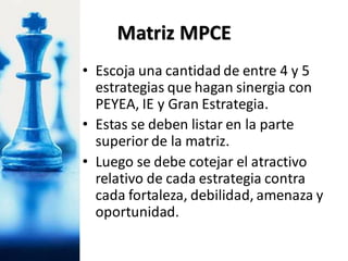 • Escoja una cantidad de entre 4 y 5
estrategias que hagan sinergia con
PEYEA, IE y Gran Estrategia.
• Estas se deben listar en la parte
superior de la matriz.
• Luego se debe cotejar el atractivo
relativo de cada estrategia contra
cada fortaleza, debilidad, amenaza y
oportunidad.
Matriz MPCE
 