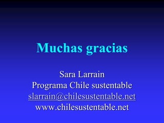 Muchas gracias
        Sara Larrain
 Programa Chile sustentable
slarrain@chilesustentable.net
  www.chilesustentable.net
 